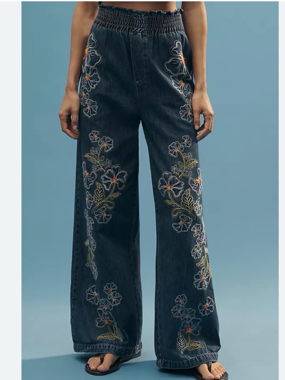 Driftwood Isadora Embroidered Pull-On Wide-Leg Jeans Boho |Med| NWT